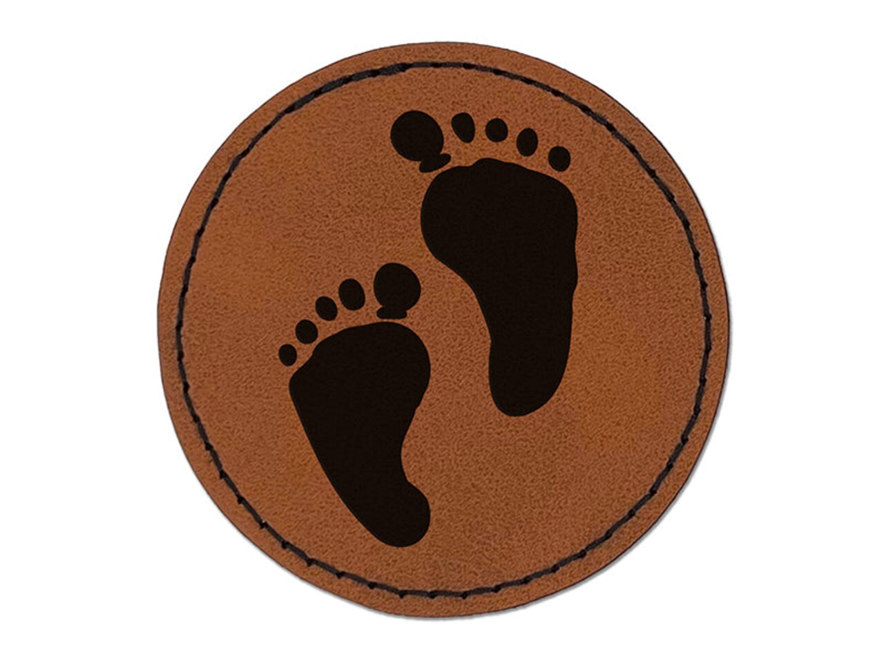Cute Baby Footprints Silhouette Round Iron-On Engraved Faux Leather Patch Applique - 2.5"